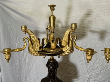 Pair of very important candelabra of Empire period in patina and gilt bronze