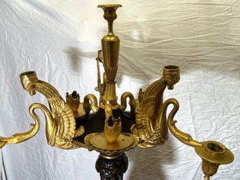Pair of very important candelabra of Empire period in patina and gilt bronze