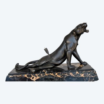 Scultura in Bronzo Patina Nera La Pantera Ferita Firmata Carvin