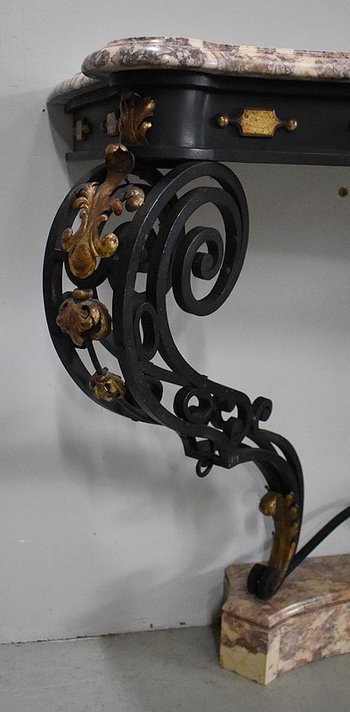 Consolle da parete in marmo e ferro battuto, spirito Rocaille – 1940 / 1950