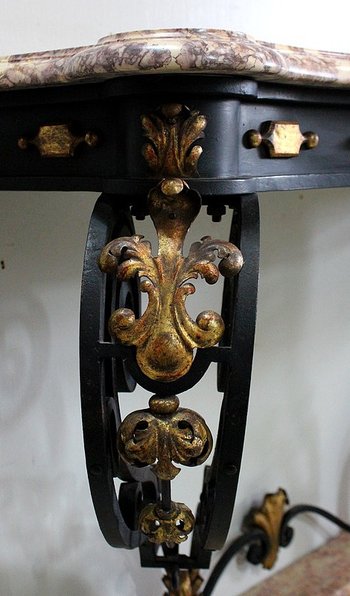 Consolle da parete in marmo e ferro battuto, spirito Rocaille – 1940 / 1950