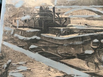 Large engraving painting The Louvre Paris seen from the banks of the Seine by Lucien Gauthier