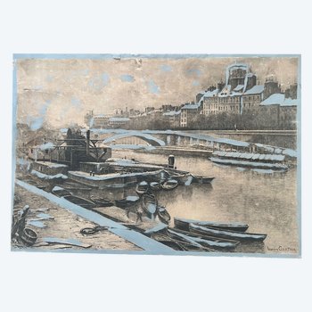 Large engraving painting The Louvre Paris seen from the banks of the Seine by Lucien Gauthier