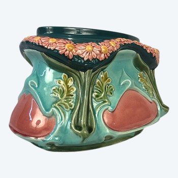 Planter in polychrome slip decorated with a garland of flowers