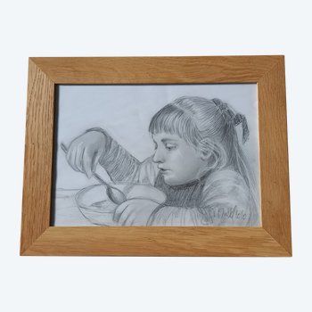Portrait de fillette dessin d'après Albert Anker