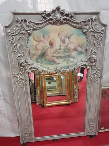 18th Century Trumeau, Louis XV, Oak Carved With Winged Angels And Canvas With Cherubs 118 X 178 Cm
