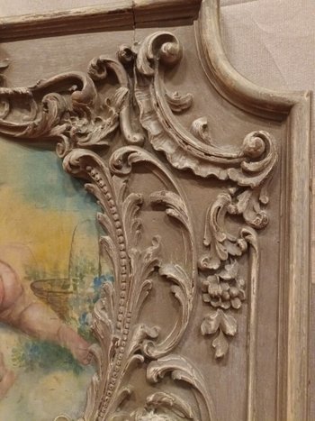 18th Century Trumeau, Louis XV, Oak Carved With Winged Angels And Canvas With Cherubs 118 X 178 Cm