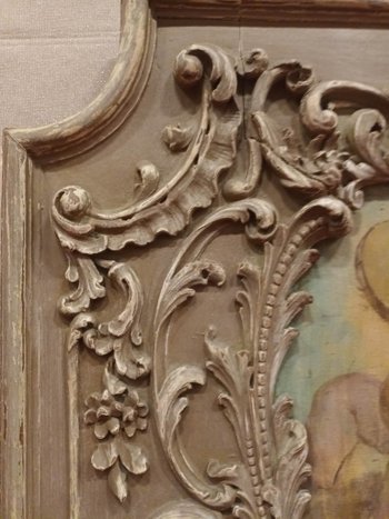 18th Century Trumeau, Louis XV, Oak Carved With Winged Angels And Canvas With Cherubs 118 X 178 Cm