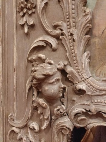 18th Century Trumeau, Louis XV, Oak Carved With Winged Angels And Canvas With Cherubs 118 X 178 Cm