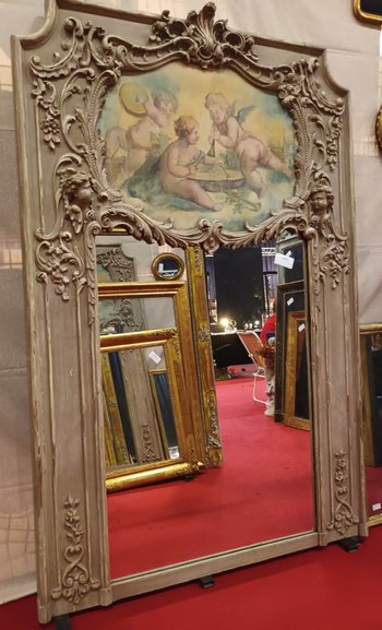18th Century Trumeau, Louis XV, Oak Carved With Winged Angels And Canvas With Cherubs 118 X 178 Cm