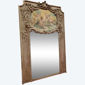18th Century Trumeau, Louis XV, Oak Carved With Winged Angels And Canvas With Cherubs 118 X 178 Cm