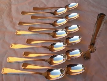 12 teaspoons + matching sugar tongs in silver Orfèvre Perrin