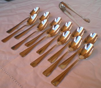 12 teaspoons + matching sugar tongs in silver Orfèvre Perrin