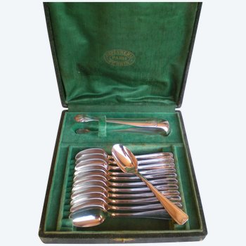 12 teaspoons + matching sugar tongs in silver Orfèvre Perrin