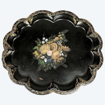 Large Napoleon III tray in boiled cardboard with mother-of-pearl burgundy