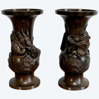 Paire de Vases Japonais en Bronze patiné – 1900