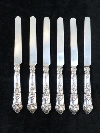 6 dessert knives blade and handle in SOLID SILVER