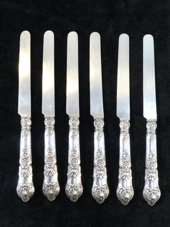6 dessert knives blade and handle in SOLID SILVER