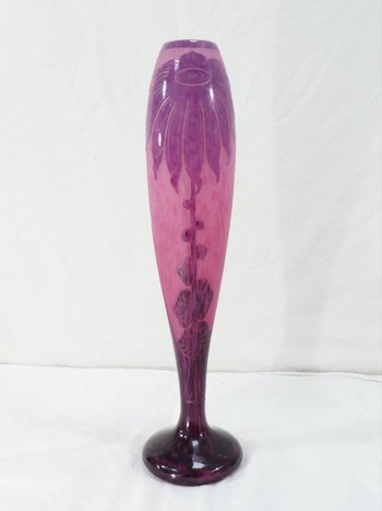  Large ART DECO Vase with DAHLIAS signed LE VERRE FRANCAIS /SCHNEIDER