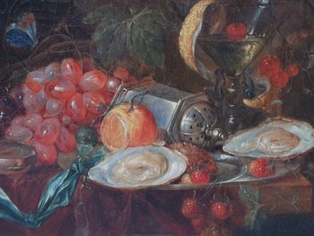19th century French school - Still life with a compass, fruits and oysters