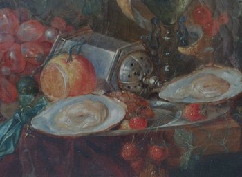 19th century French school - Still life with a compass, fruits and oysters
