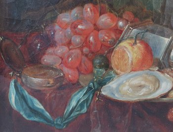 19th century French school - Still life with a compass, fruits and oysters