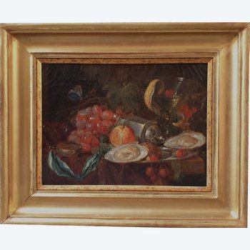 Ecole française du XIXe siècle - Nature morte à la boussole, aux fruits et aux huîtres