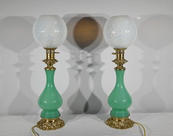Paire de Lampes en Opaline et Bronze – Fin XIXe