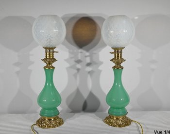 Paire de Lampes en Opaline et Bronze – Fin XIXe