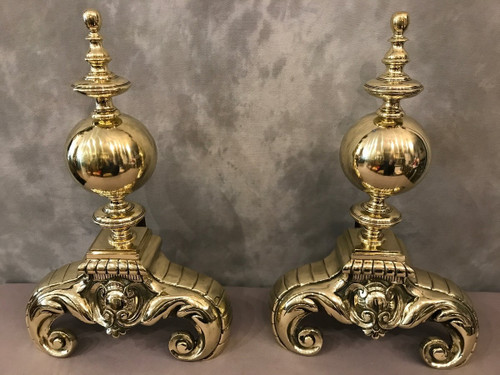 Pair of important polished brass andirons from the 19th century Dutch model