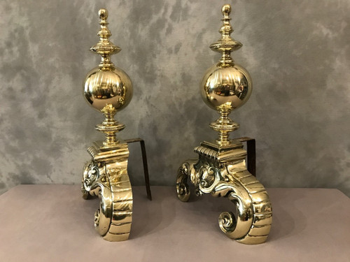 Pair of important polished brass andirons from the 19th century Dutch model