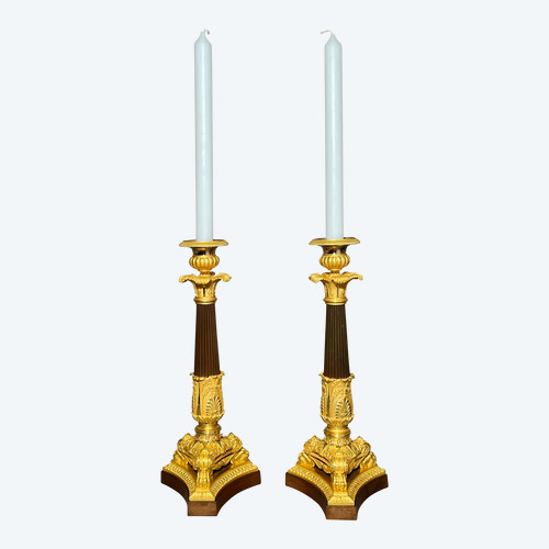 Pair Of Empire Candlesticks / Torches Early 19th Century In Patinated Bronze And Gilt Bronze