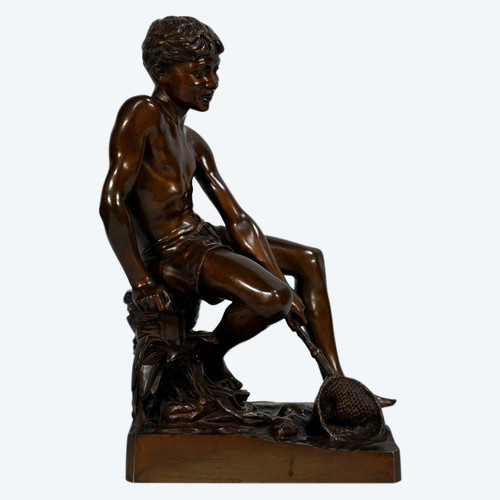 Bronzo "L'Enfant à l'Epuisette", firmato R.Guillaume - Inizio del XX secolo