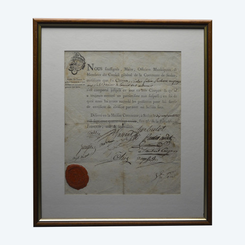 Französische Revolution, Ende des 18. Jahrhunderts, 2 Dokumente datiert März 1794 , das Jahr II der Republik - Seltene Staatsbürgerschaftsbescheinigung der Stadtverwaltung von Sedan und handschriftliche Notiz des revolutionären Überwachungskomitees.