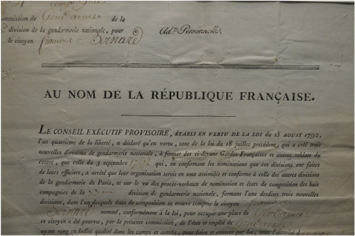  French Revolution, Document of the Provisional Executive Council of Paris and dated January 9, 1793 concerning the appointment as Gendarme of citizen Bernard by Colonel Louvel