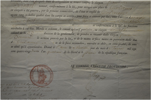  French Revolution, Document of the Provisional Executive Council of Paris and dated January 9, 1793 concerning the appointment as Gendarme of citizen Bernard by Colonel Louvel