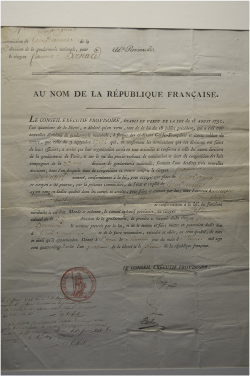  French Revolution, Document of the Provisional Executive Council of Paris and dated January 9, 1793 concerning the appointment as Gendarme of citizen Bernard by Colonel Louvel
