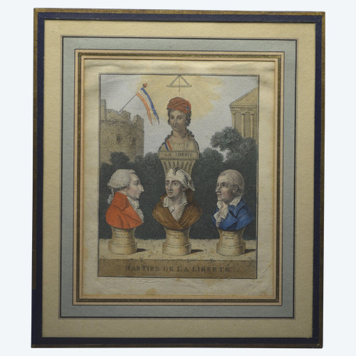 Révolution Française, Fin du XVIIIème siècle, Rare gravure en couleurs figurant les trois martyrs de la Liberté : Le Pelletier, Marat et Chalier sous le regard de La Liberté et sur fond de la Bastille et du Panthéon