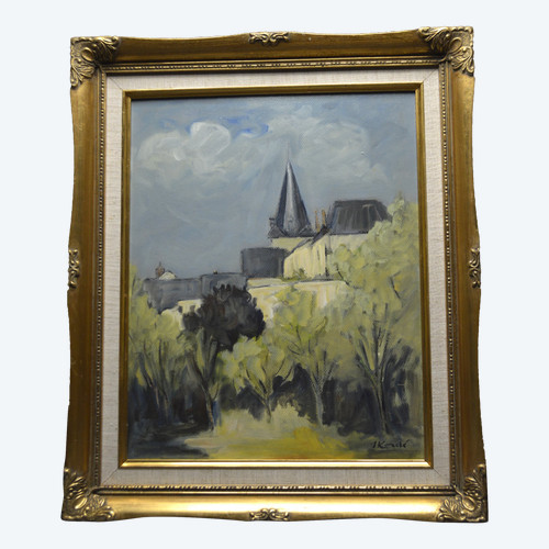 École française, Seconde moitié du XXème siècle, Vue d'un village de Bourgogne, Huile sur panneau signé KORDÉ