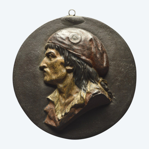 Révolution Française, Fin du XVIIIème siècle, Rare bas-relief en bronze polychrome représentant Jean-Paul Marat