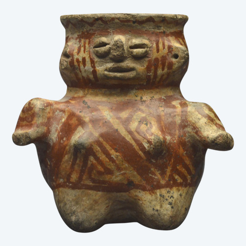 Mexique, 800 – 1500 ap J. –C., Culture Huastèque, Petit vase anthropomorphe à potions, Céramique à engobe crème et rouge café 