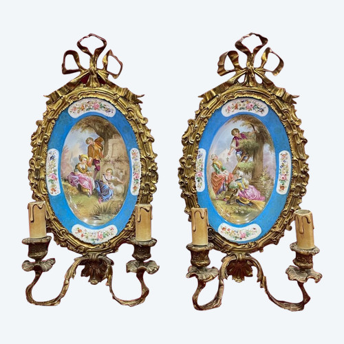 Imponente coppia di appliques in bronzo dorato Porcellana di Sèvres XIX sec.