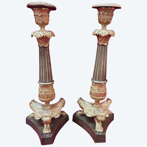 Pair Of Candlesticks Gilded Bronze Restoration Period XIX Eme