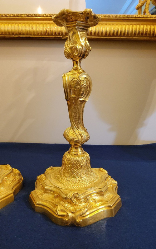 Pair Of Candlesticks In Gilded Bronzes Style Louis XV Rocaille With "butterflies" XIXth century