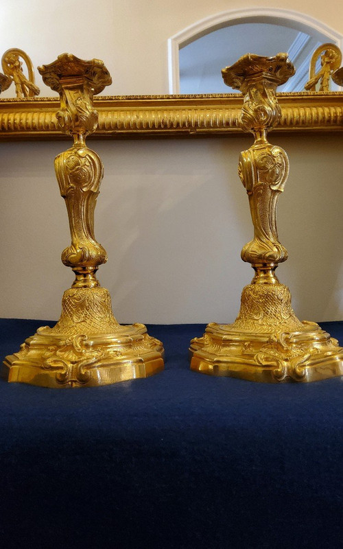 Pair Of Candlesticks In Gilded Bronzes Style Louis XV Rocaille With "butterflies" XIXth century