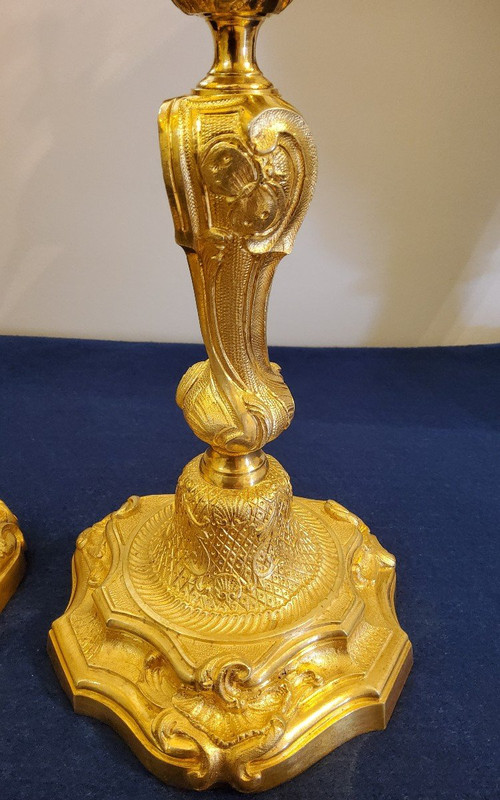 Pair Of Candlesticks In Gilded Bronzes Style Louis XV Rocaille With "butterflies" XIXth century