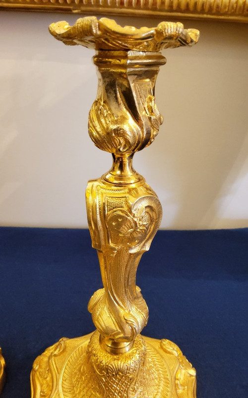 Pair Of Candlesticks In Gilded Bronzes Style Louis XV Rocaille With "butterflies" XIXth century
