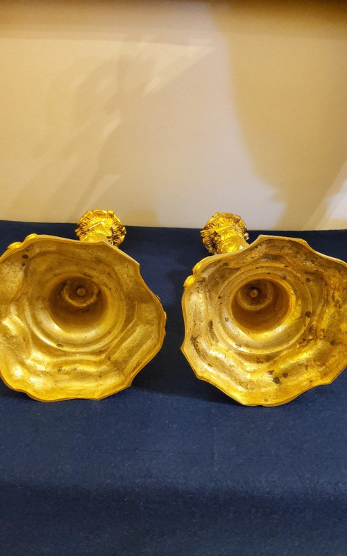 Pair Of Candlesticks In Gilded Bronzes Style Louis XV Rocaille With "butterflies" XIXth century