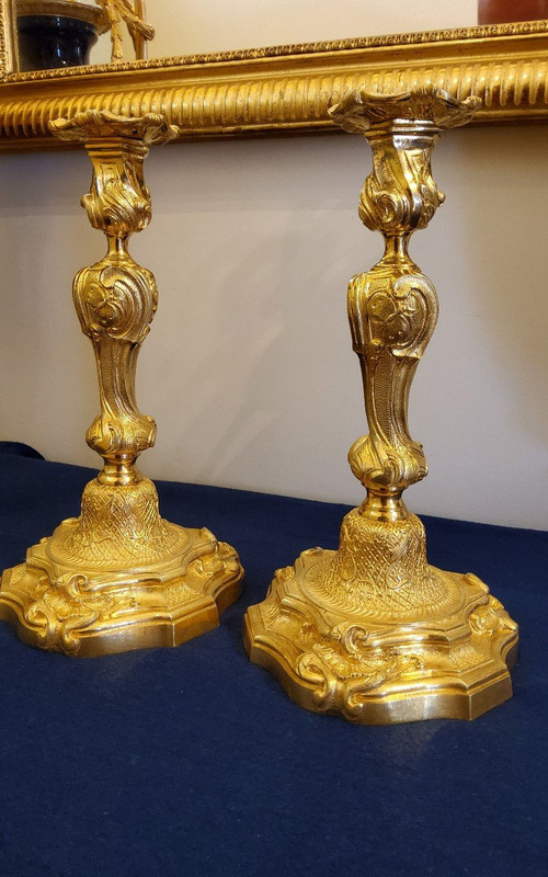 Pair Of Candlesticks In Gilded Bronzes Style Louis XV Rocaille With "butterflies" XIXth century