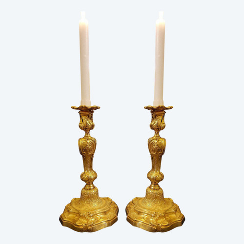 Pair Of Candlesticks In Gilded Bronzes Style Louis XV Rocaille With "butterflies" XIXth century